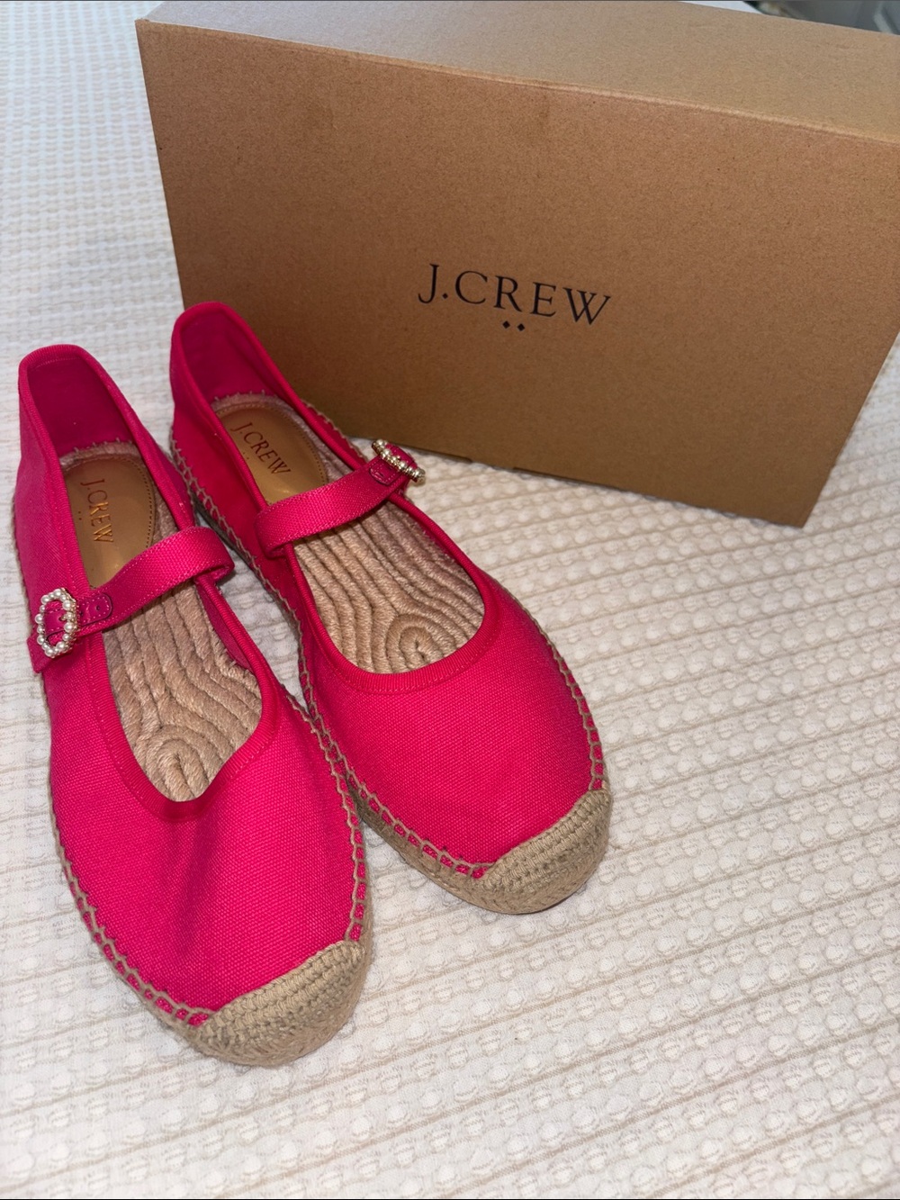J. Crew Hot Pink Canvas Mary Jane Espadrille Flats with Buckle